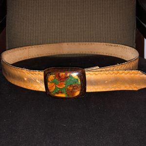 Western Leather belt hand carved wooden buckle